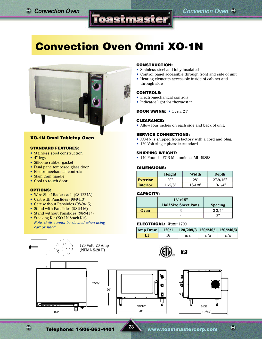 Toastmaster TP209 manual Convection Oven Omni XO-1N, XO-1N Omni Tabletop Oven 