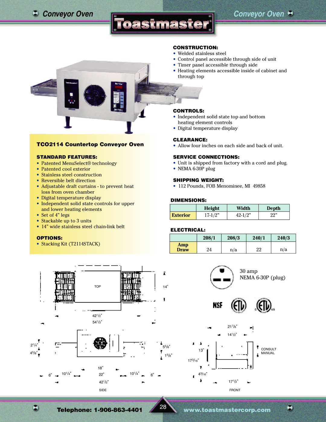 Toastmaster TP209 manual TCO2114 Countertop Conveyor Oven 