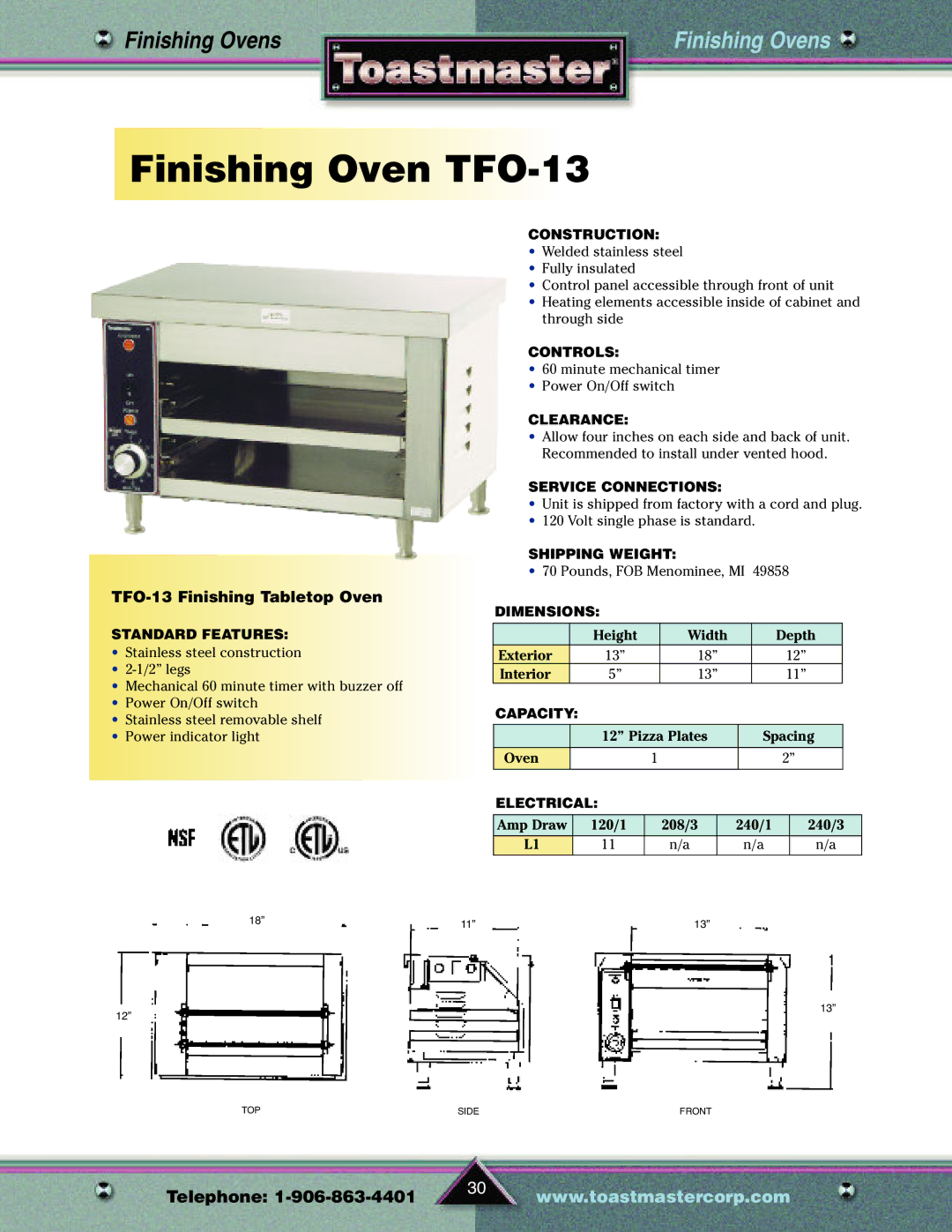 Toastmaster TP209 manual Finishing Oven TFO-13, TFO-13 Finishing Tabletop Oven 