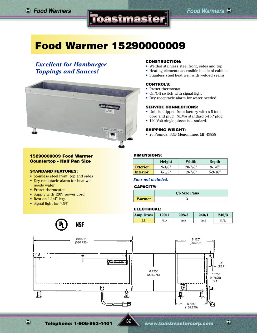 Toastmaster TP209 manual Food Warmers, Food Warmer Countertop Half Pan Size 