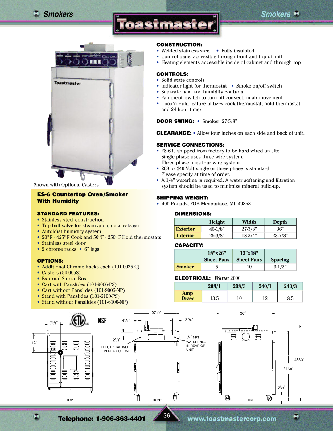 Toastmaster TP209 manual SmokersSmokers, ES-6 Countertop Oven/Smoker With Humidity 