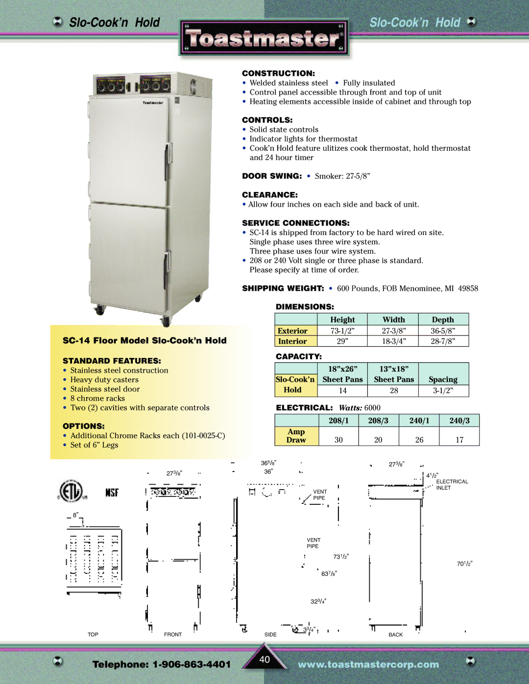 Toastmaster TP209 manual SC-14 Floor Model Slo-Cook’n Hold 