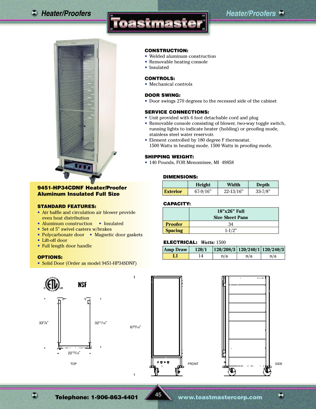 Toastmaster TP209 manual 9451-HP34CDNF Heater/Proofer Aluminum Insulated Full Size 