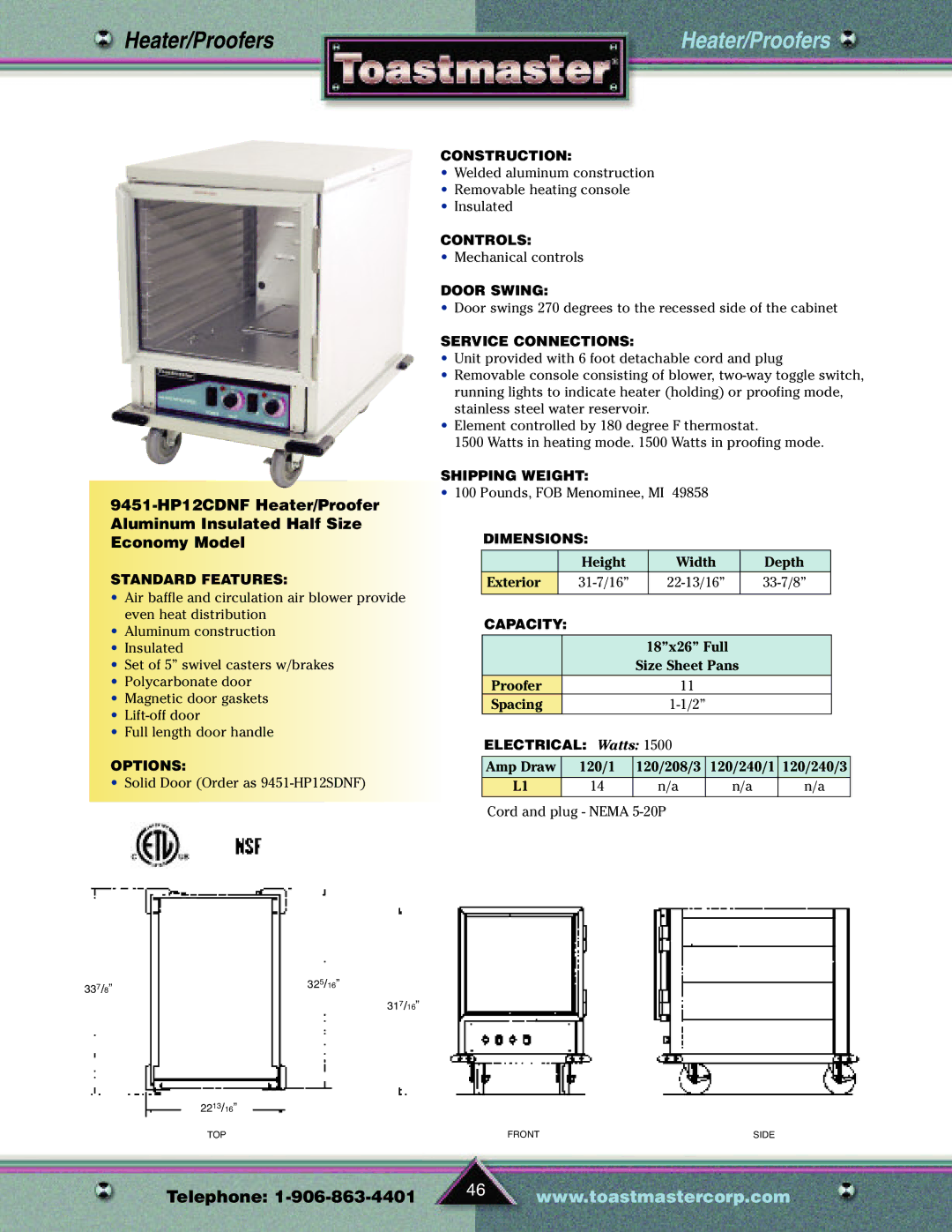 Toastmaster TP209 manual Height Width Depth Exterior 31-7/16 22-13/16 33-7/8 