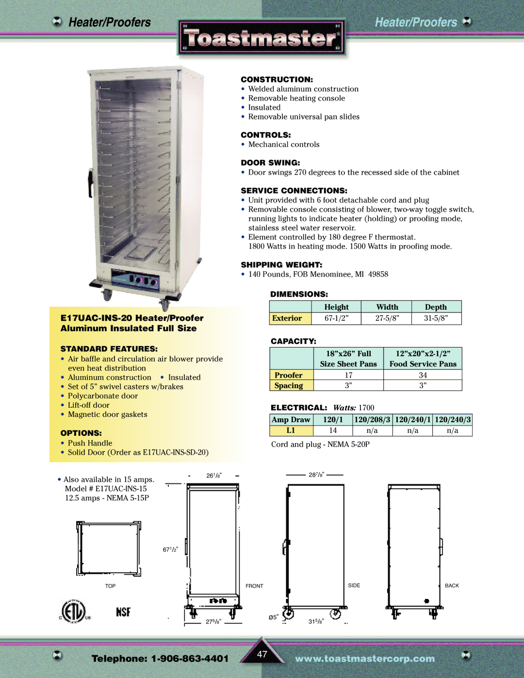 Toastmaster TP209 manual E17UAC-INS-20 Heater/Proofer Aluminum Insulated Full Size 