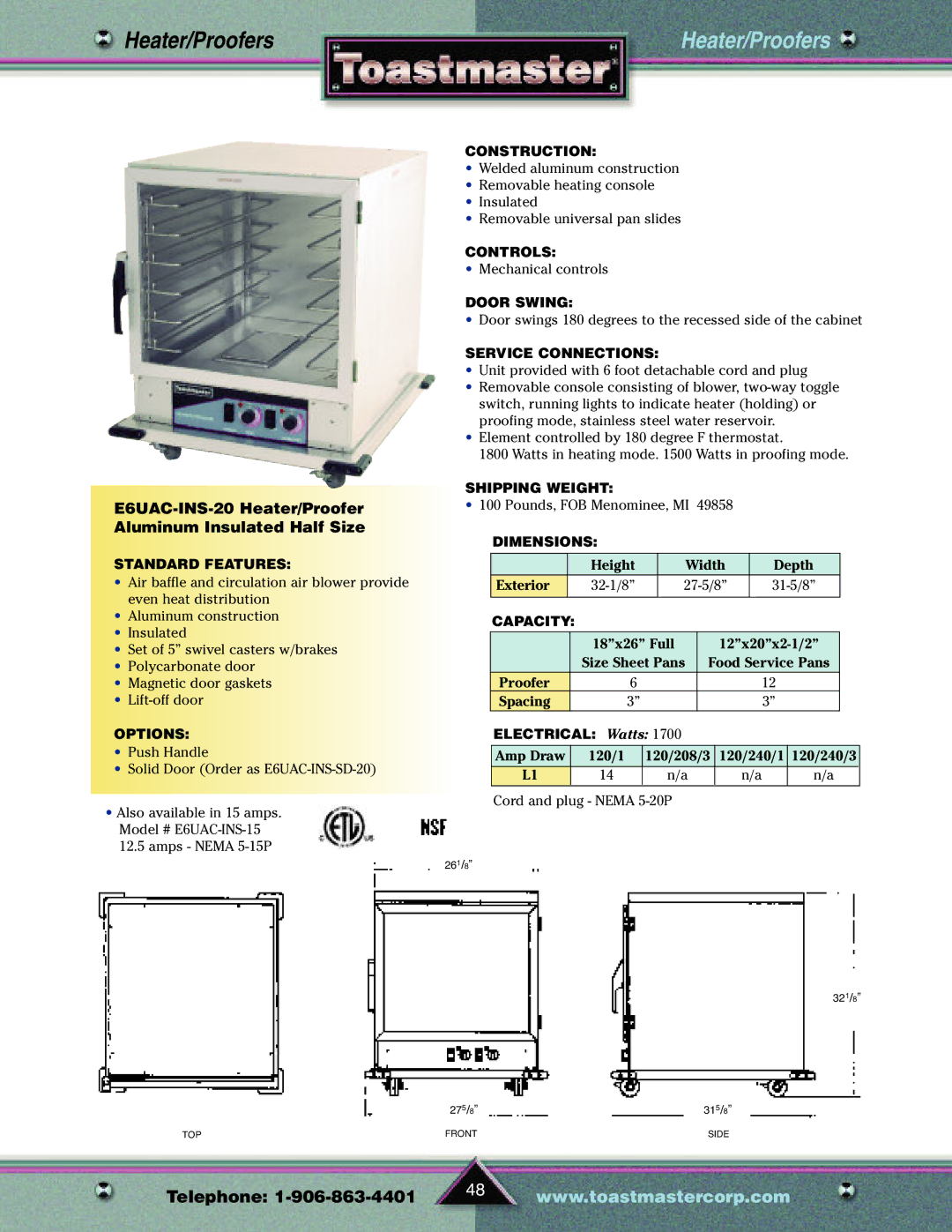 Toastmaster TP209 manual E6UAC-INS-20 Heater/Proofer Aluminum Insulated Half Size 