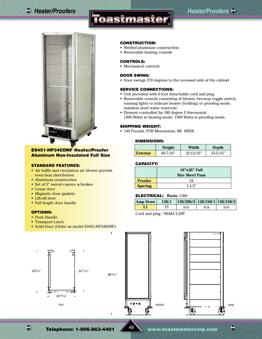 Toastmaster TP209 manual Height Width Depth Exterior 66-7/16 22-13/16 33-5/16 