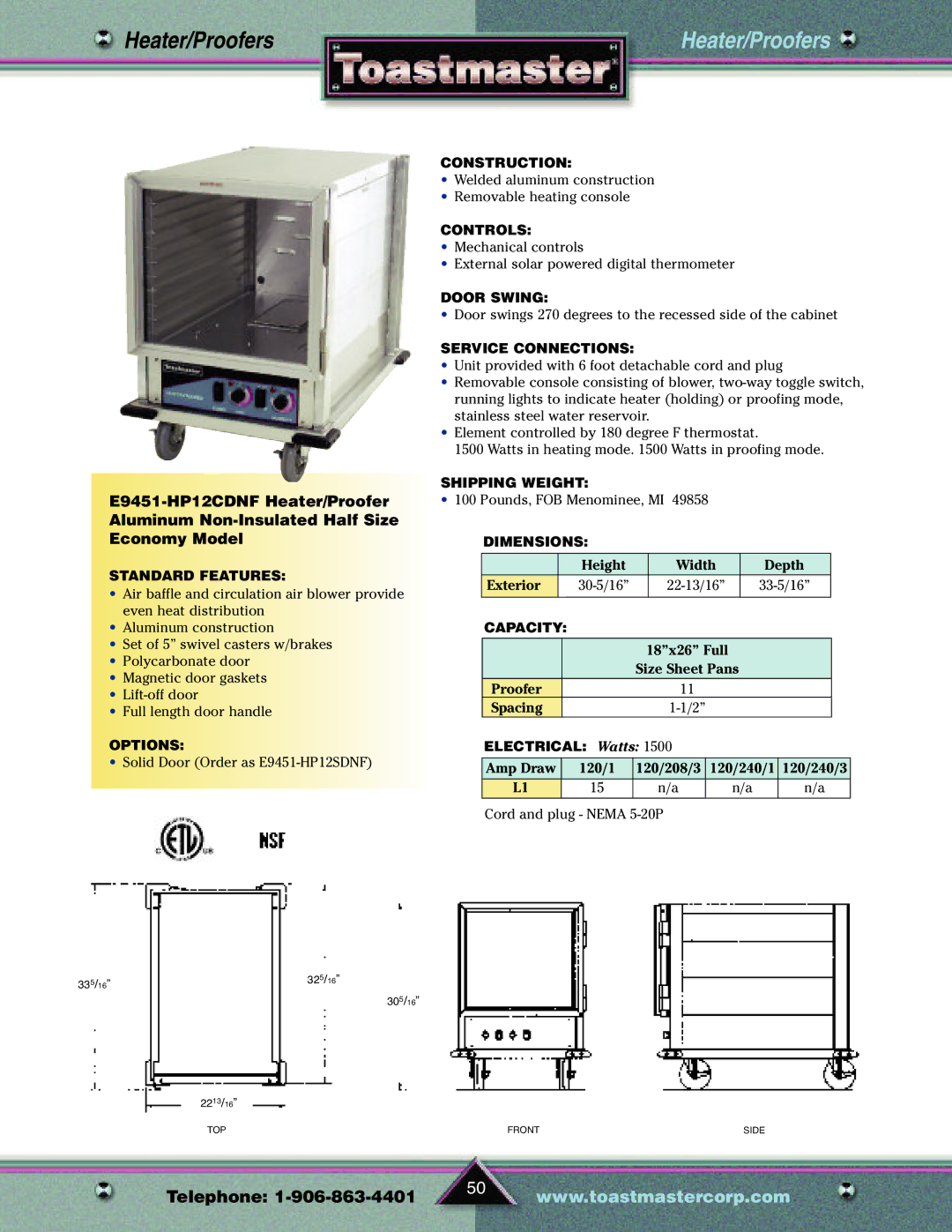 Toastmaster TP209 manual Height Width Depth Exterior 30-5/16 22-13/16 33-5/16 