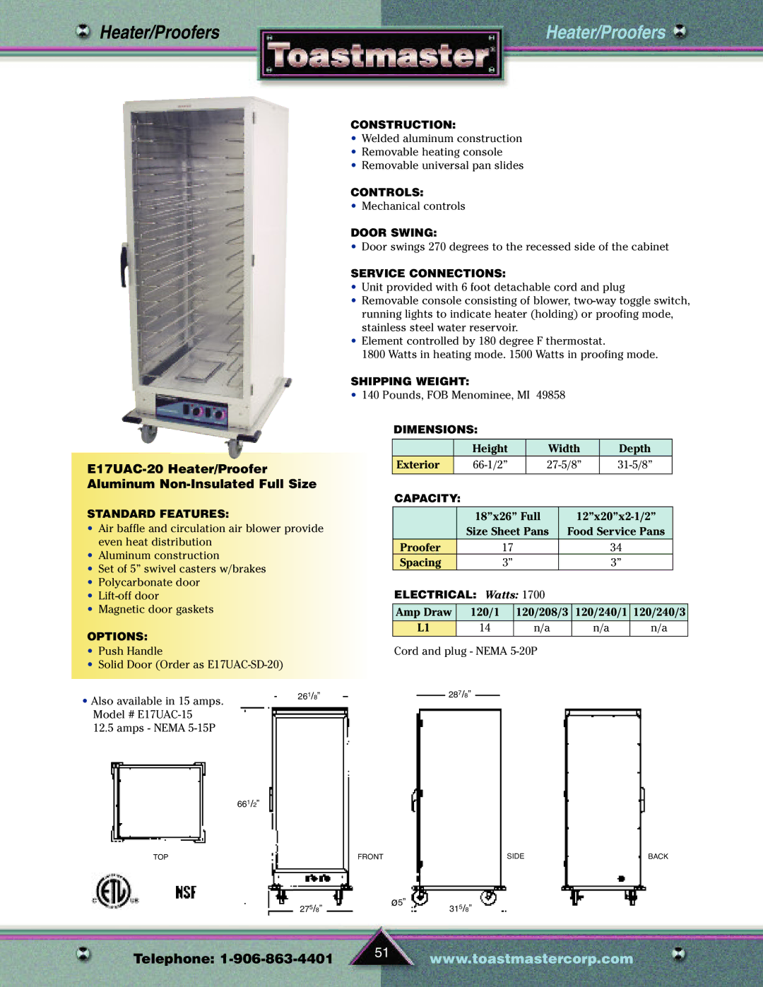 Toastmaster TP209 manual E17UAC-20 Heater/Proofer Aluminum Non-Insulated Full Size 