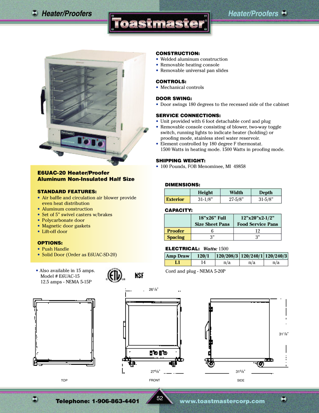 Toastmaster TP209 manual E6UAC-20 Heater/Proofer Aluminum Non-Insulated Half Size 