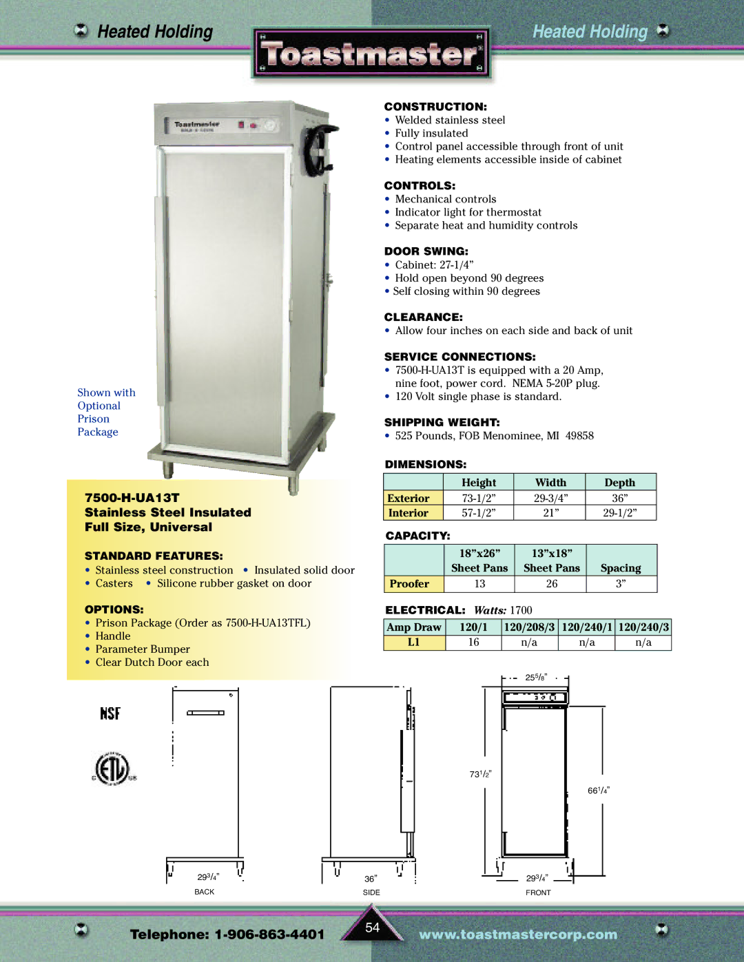 Toastmaster TP209 manual UA13T Stainless Steel Insulated Full Size, Universal 