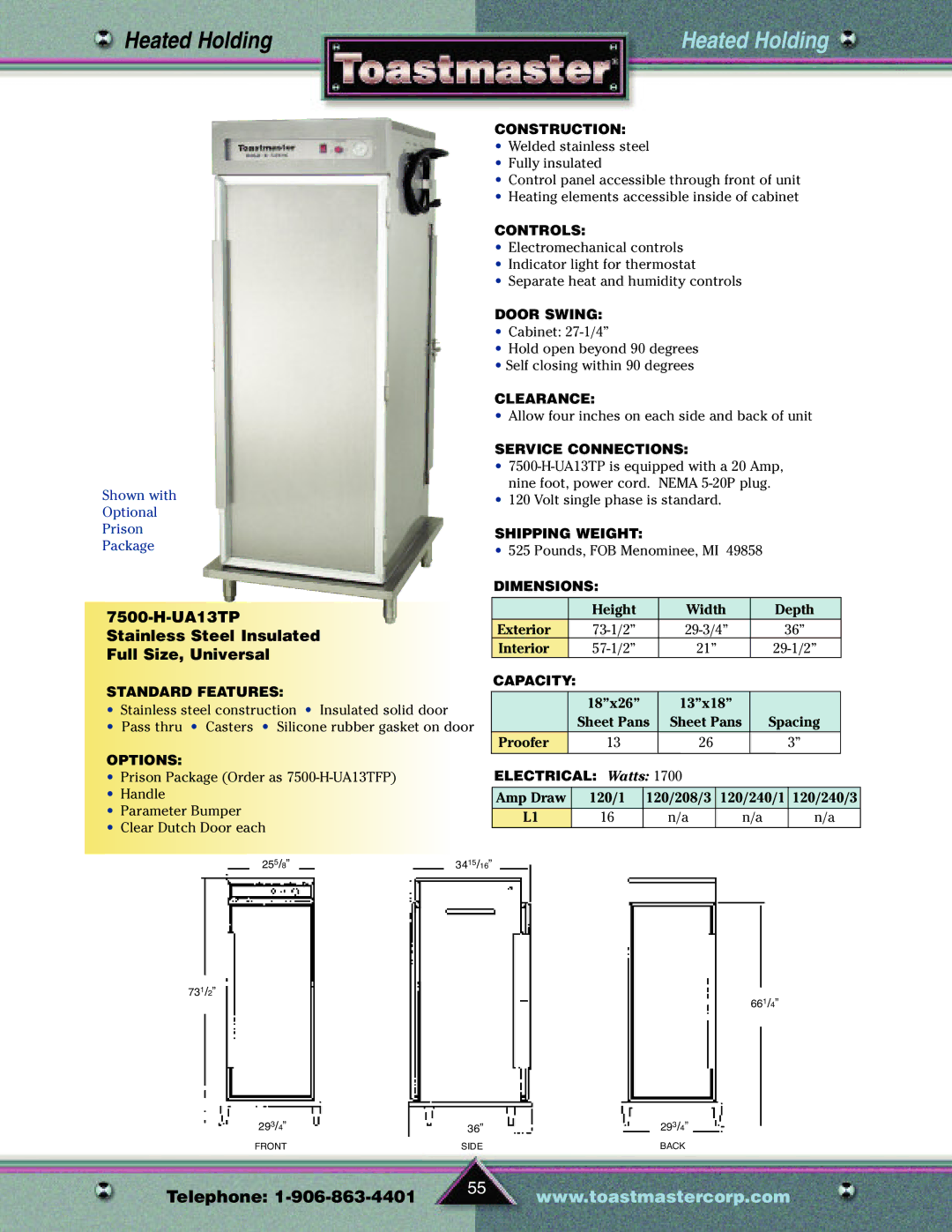 Toastmaster TP209 manual UA13TP Stainless Steel Insulated Full Size, Universal 