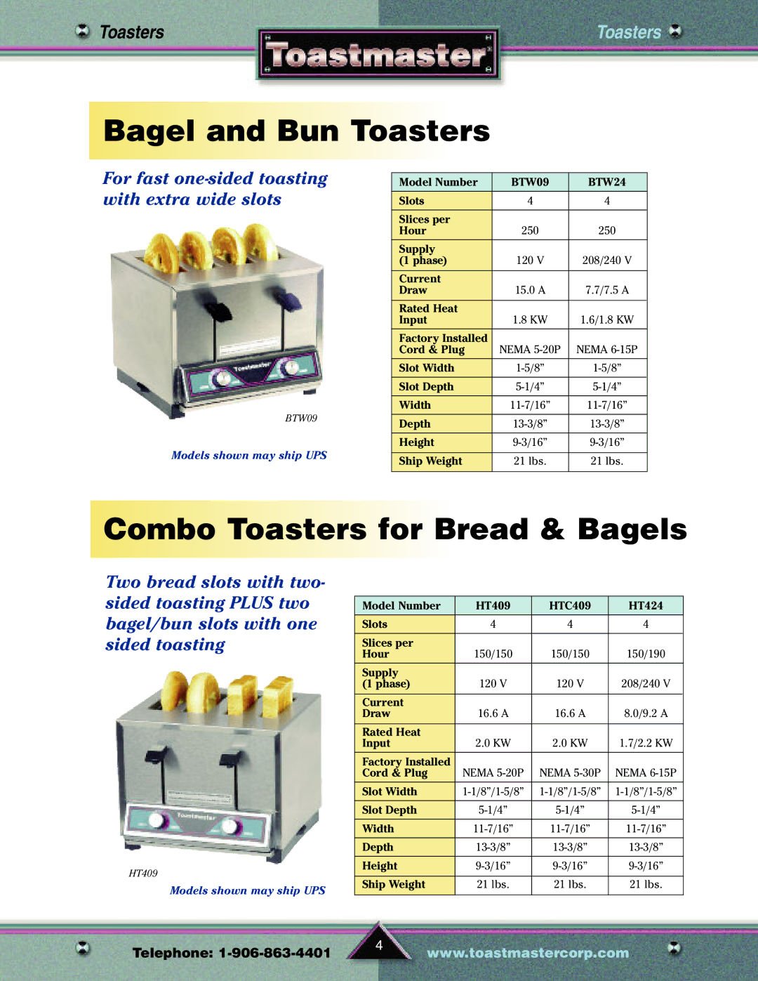 Toastmaster TP209 manual Bagel and Bun Toasters, Combo Toasters for Bread & Bagels 