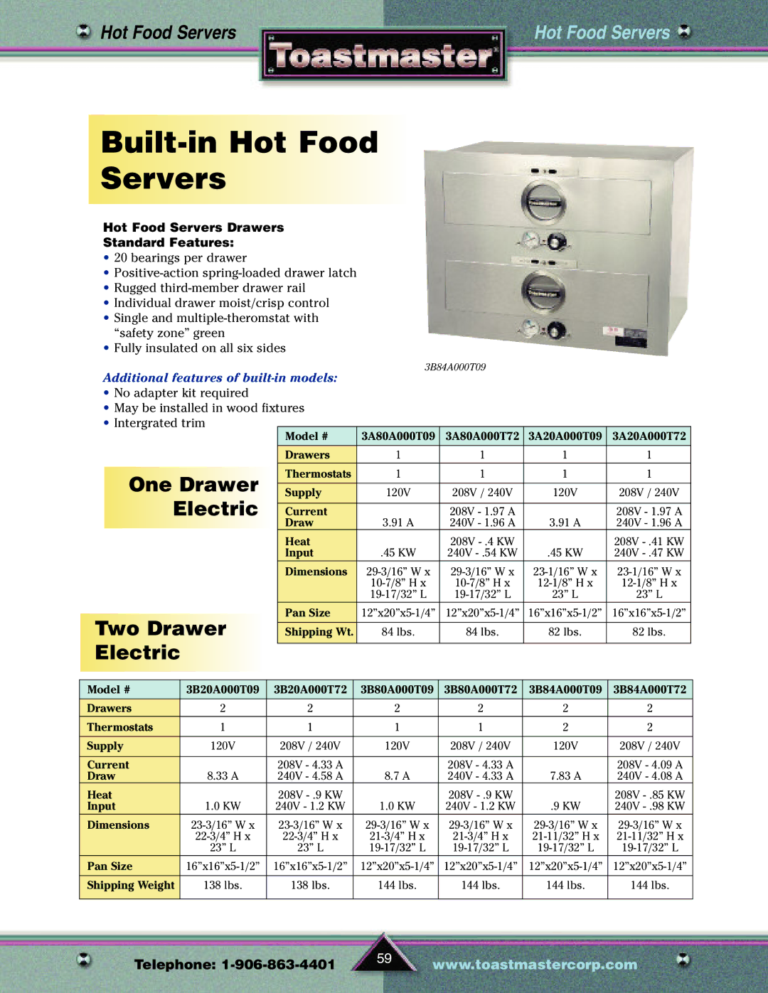 Toastmaster TP209 Built-in Hot Food Servers, One Drawer, Electric, Two Drawer, Hot Food Servers Drawers Standard Features 