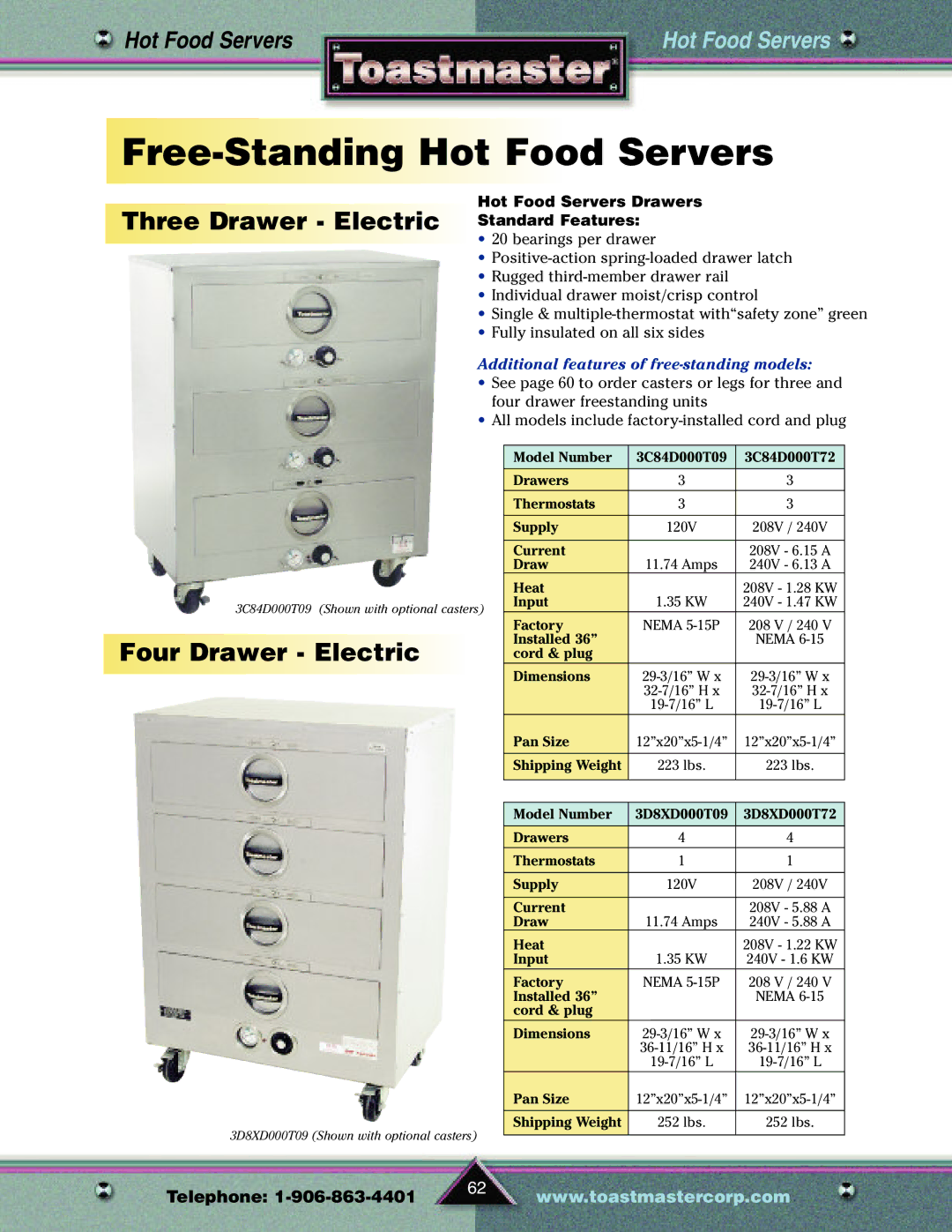 Toastmaster TP209 manual Three Drawer Electric Standard Features, Four Drawer Electric, Hot Food Servers Drawers 