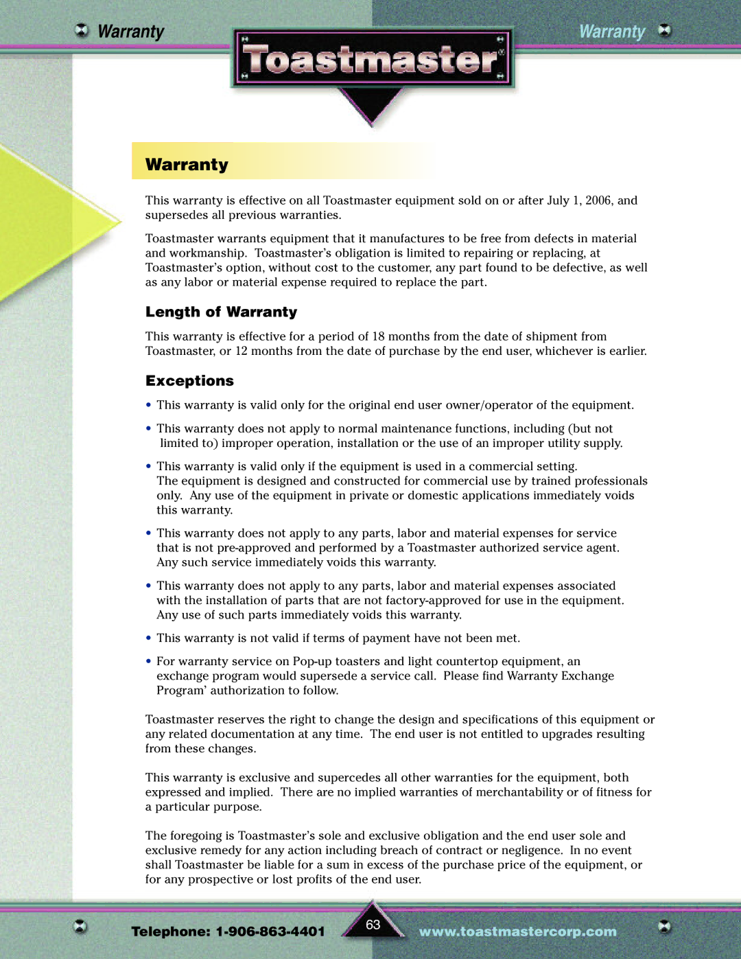 Toastmaster TP209 manual Warranty 