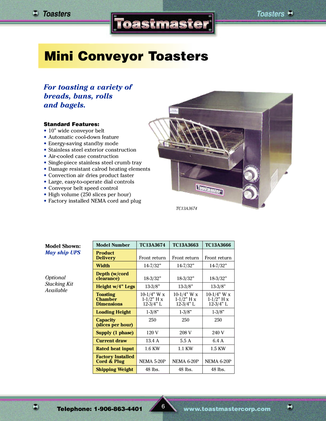 Toastmaster TP209 manual Mini Conveyor Toasters, Standard Features 