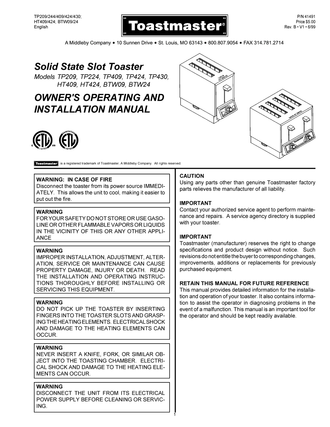 Toastmaster TP424, TP430, TP409, TP209, TP224, HT424, BTW24, HT409 installation manual Owners Operating Installation Manual 