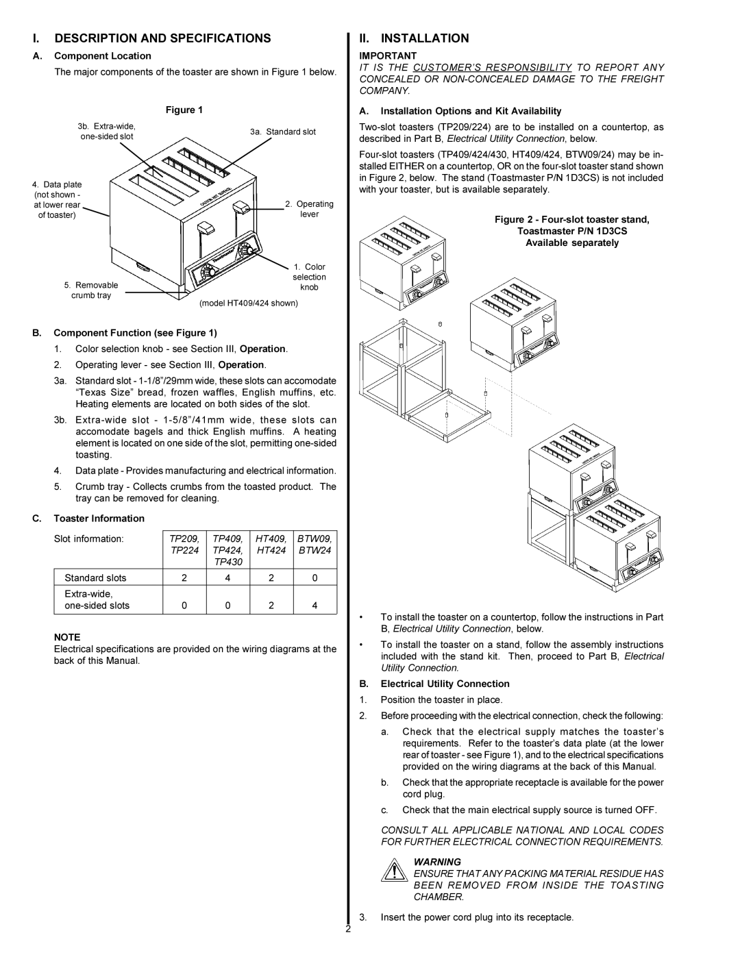 Toastmaster TP409, TP430, TP424, TP209, TP224, HT424, BTW24, HT409, BTW09 Description and Specifications, II. Installation 