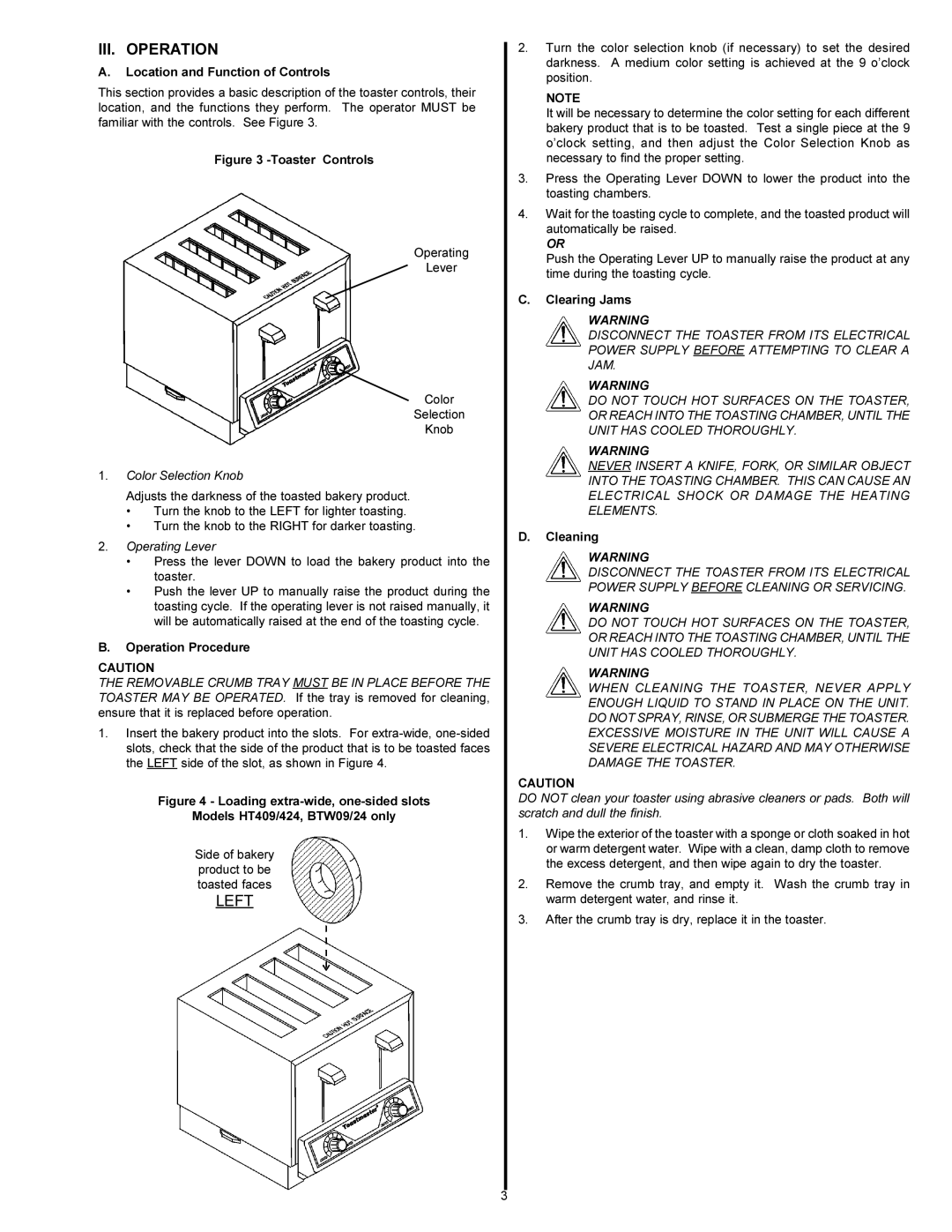 Toastmaster TP224, TP430 III. Operation, Location and Function of Controls, Operation Procedure, Clearing Jams, Cleaning 