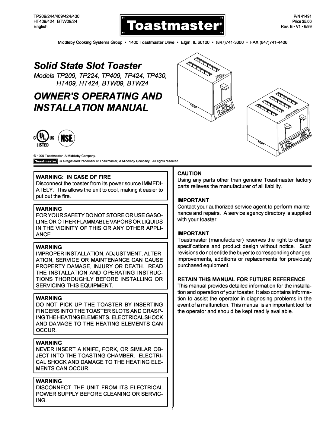 Toastmaster TP424, TP430 installation manual Warning In Case Of Fire, Solid State Slot Toaster, HT409, HT424, BTW09, BTW24 
