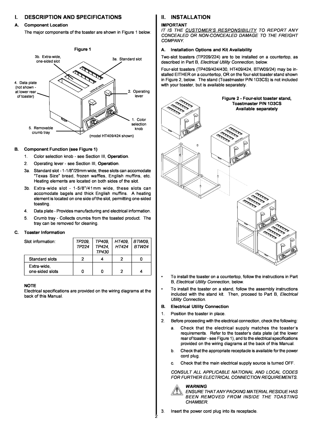 Toastmaster TP409, TP430 I.Description And Specifications, Ii. Installation, A.Component Location, C.Toaster Information 