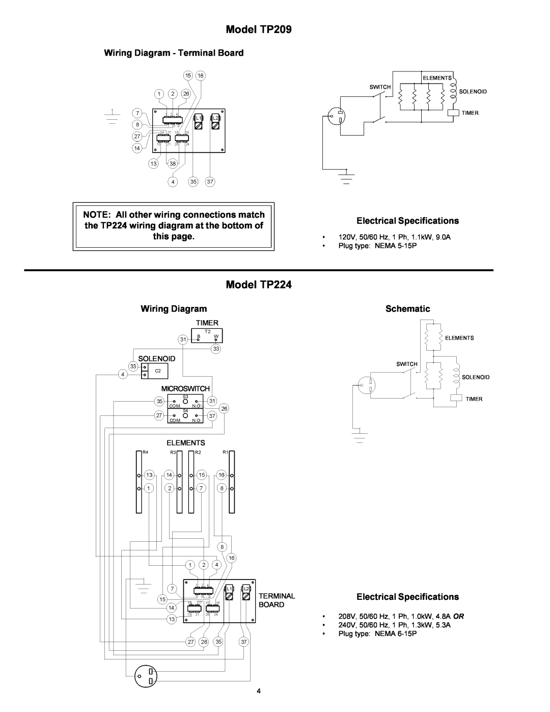 Toastmaster HT424, TP430 Model TP209, Model TP224, Wiring Diagram - Terminal Board, Electrical Specifications, Schematic 