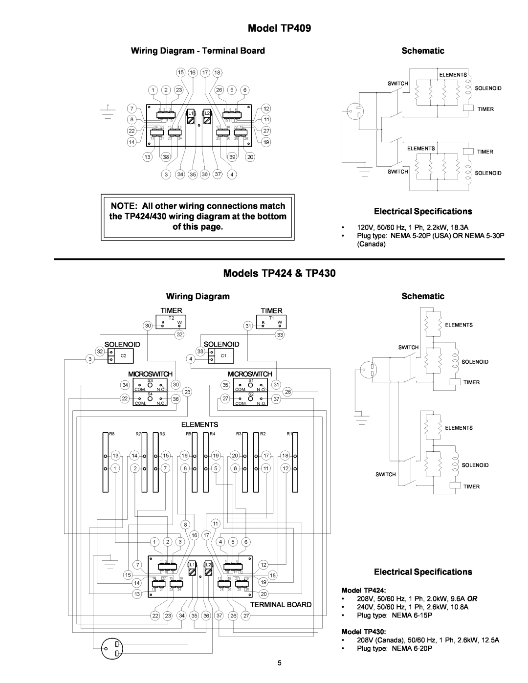 Toastmaster BTW24 Model TP409, Models TP424 & TP430, Schematic, Wiring Diagram - Terminal Board, Electrical Specifications 