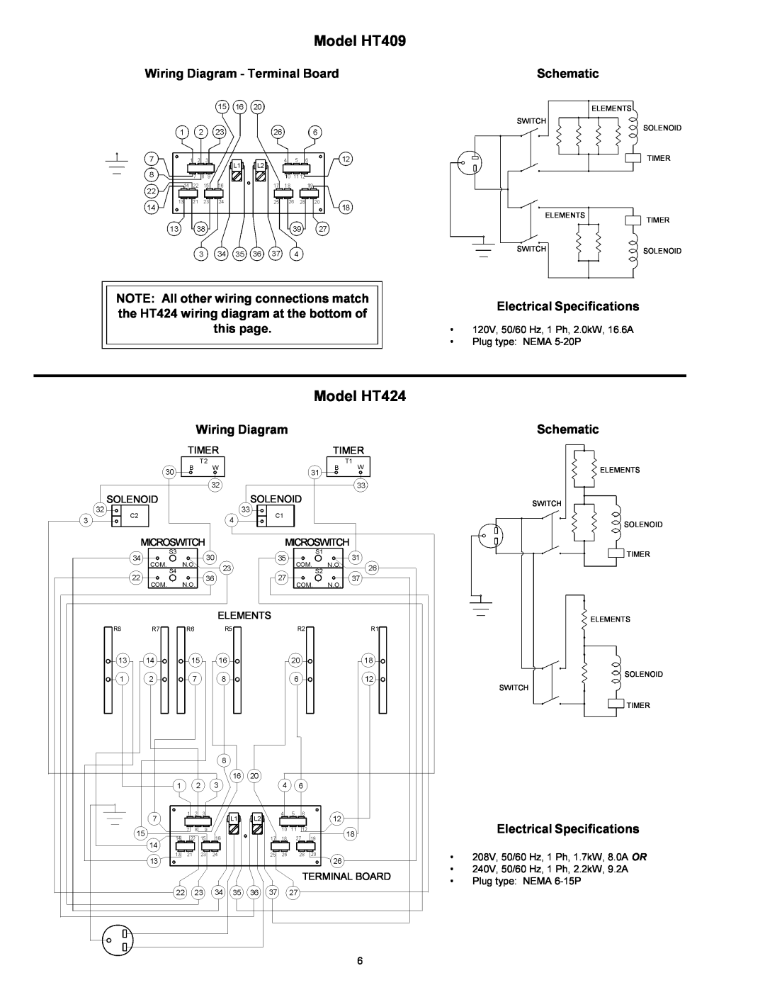 Toastmaster TP430 Model HT409, Model HT424, Wiring Diagram - Terminal Board, Schematic, Electrical Specifications 