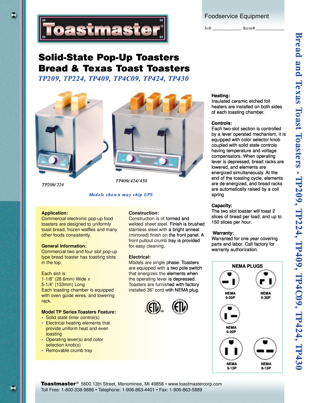 Toastmaster TP4C09, TP430 warranty TP409/424/430 TP209/224, Bread and Texas Toast Toasters - TP209, Foodservice Equipment 