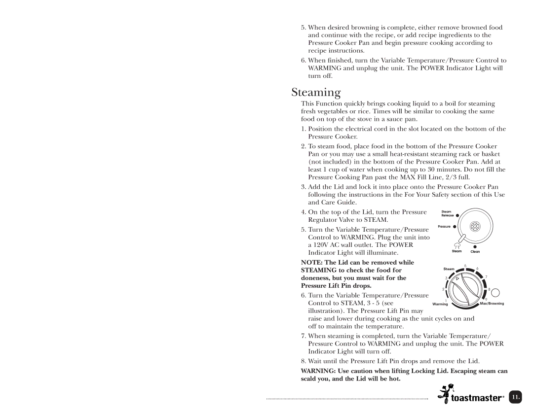 Toastmaster TPC4000 manual Steaming 