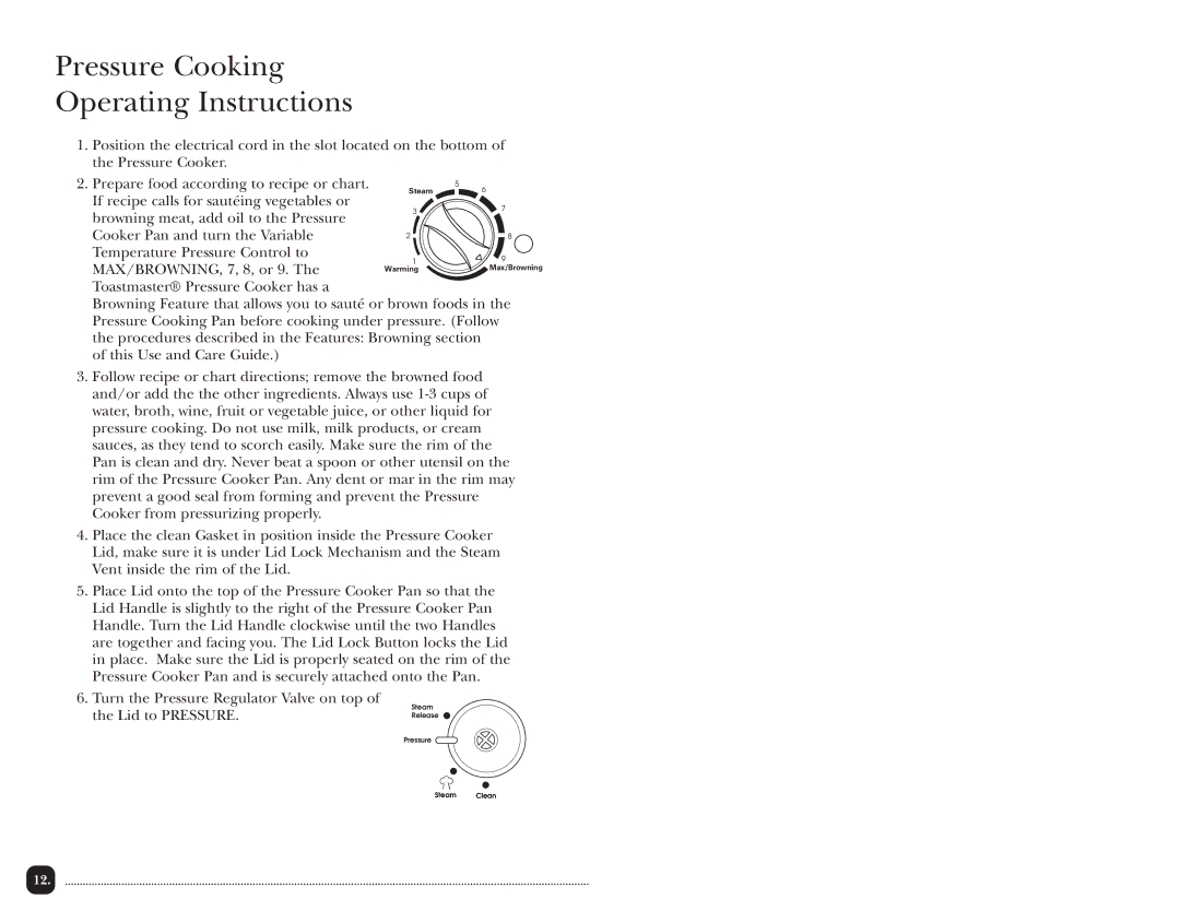 Toastmaster TPC4000 manual Pressure Cooking Operating Instructions 