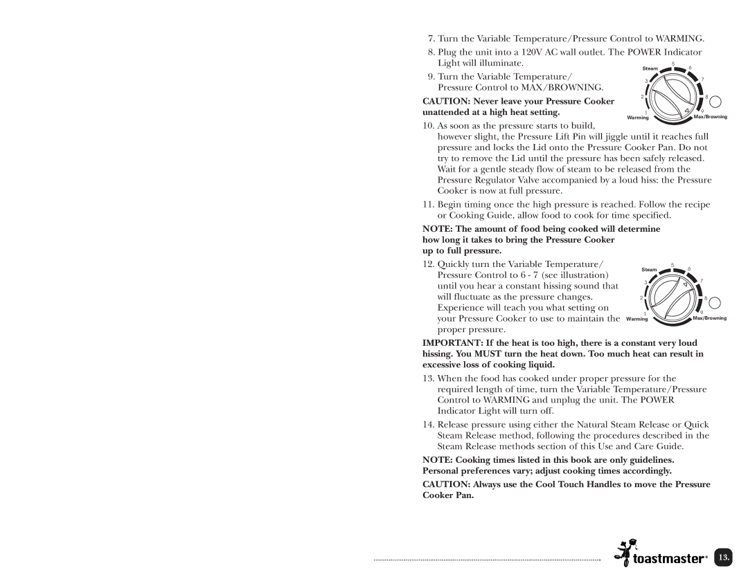 Toastmaster TPC4000 manual Up to full pressure, Personal preferences vary adjust cooking times accordingly 