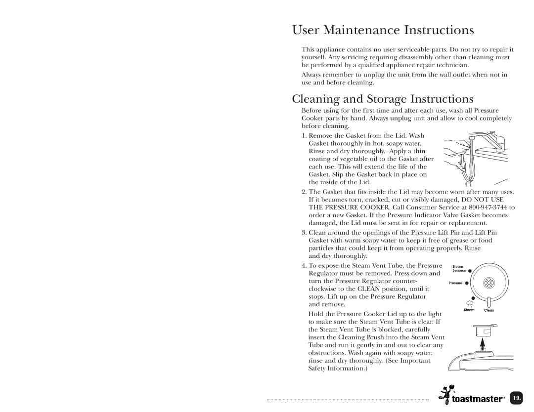 Toastmaster TPC4000 manual User Maintenance Instructions, Cleaning and Storage Instructions 