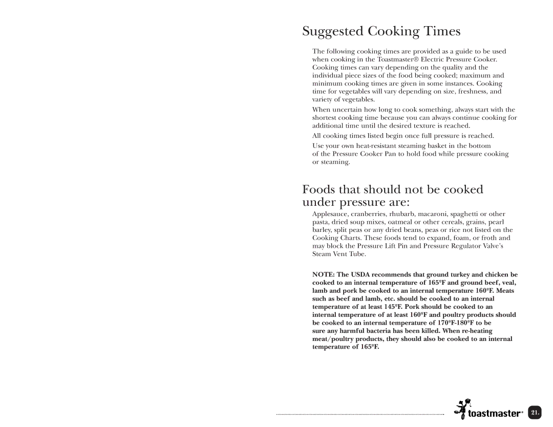 Toastmaster TPC4000 manual Suggested Cooking Times, Foods that should not be cooked under pressure are 