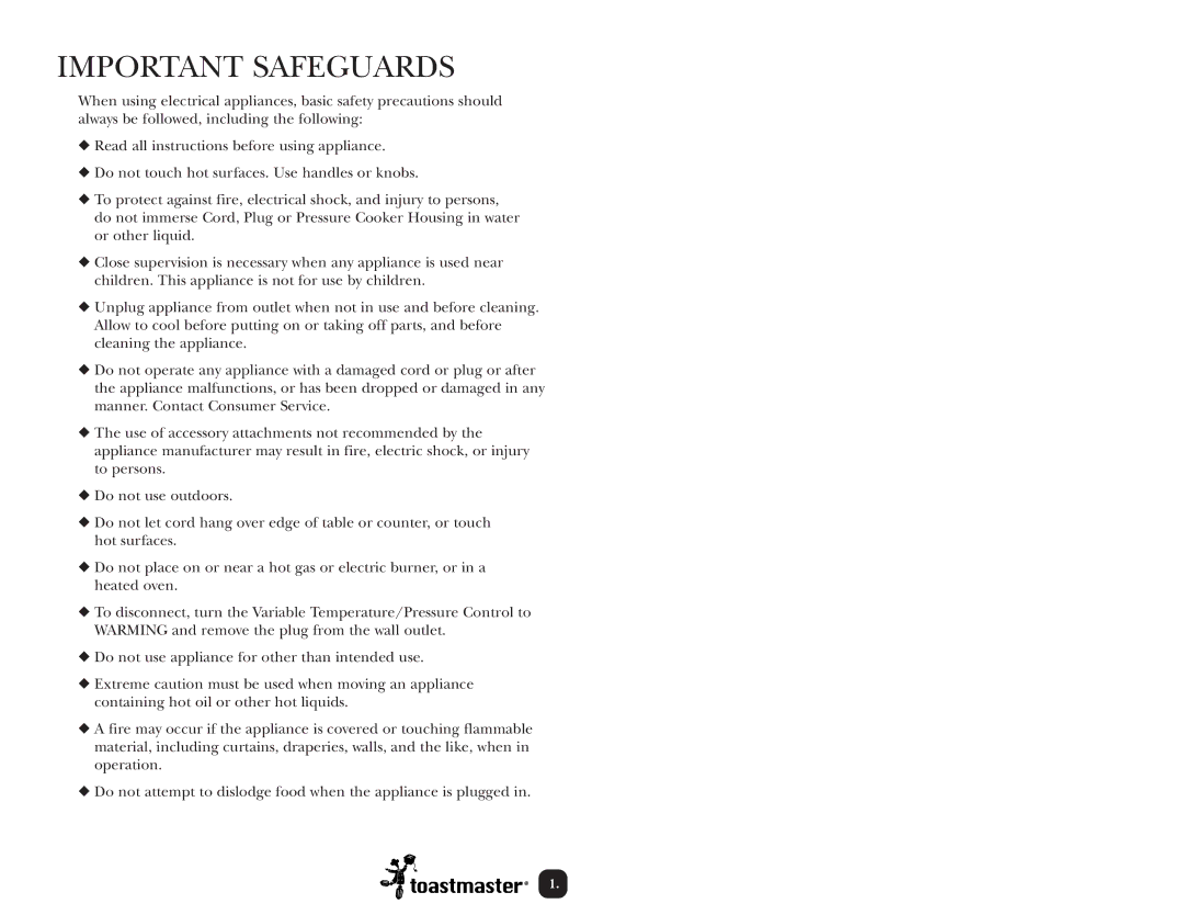 Toastmaster TPC4000 manual Important Safeguards 