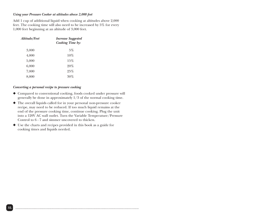Toastmaster TPC4000 manual Using your Pressure Cooker at altitudes above 2,000 feet 
