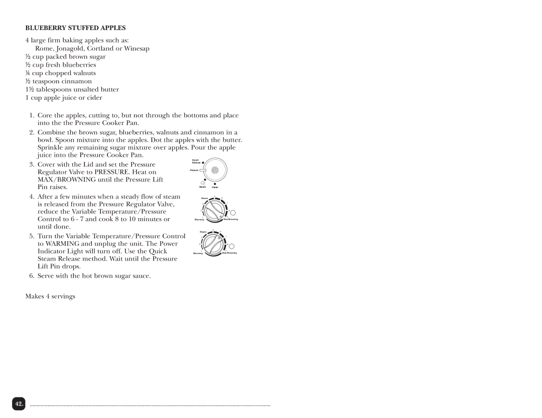 Toastmaster TPC4000 manual Blueberry Stuffed Apples, Serve with the hot brown sugar sauce Makes 4 servings 