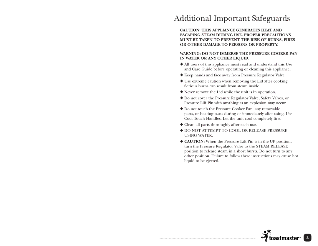 Toastmaster TPC4000 manual Additional Important Safeguards 