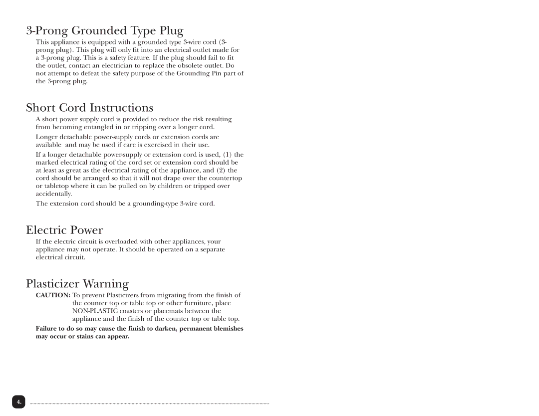 Toastmaster TPC4000 manual Prong Grounded Type Plug, Short Cord Instructions, Electric Power, Plasticizer Warning 