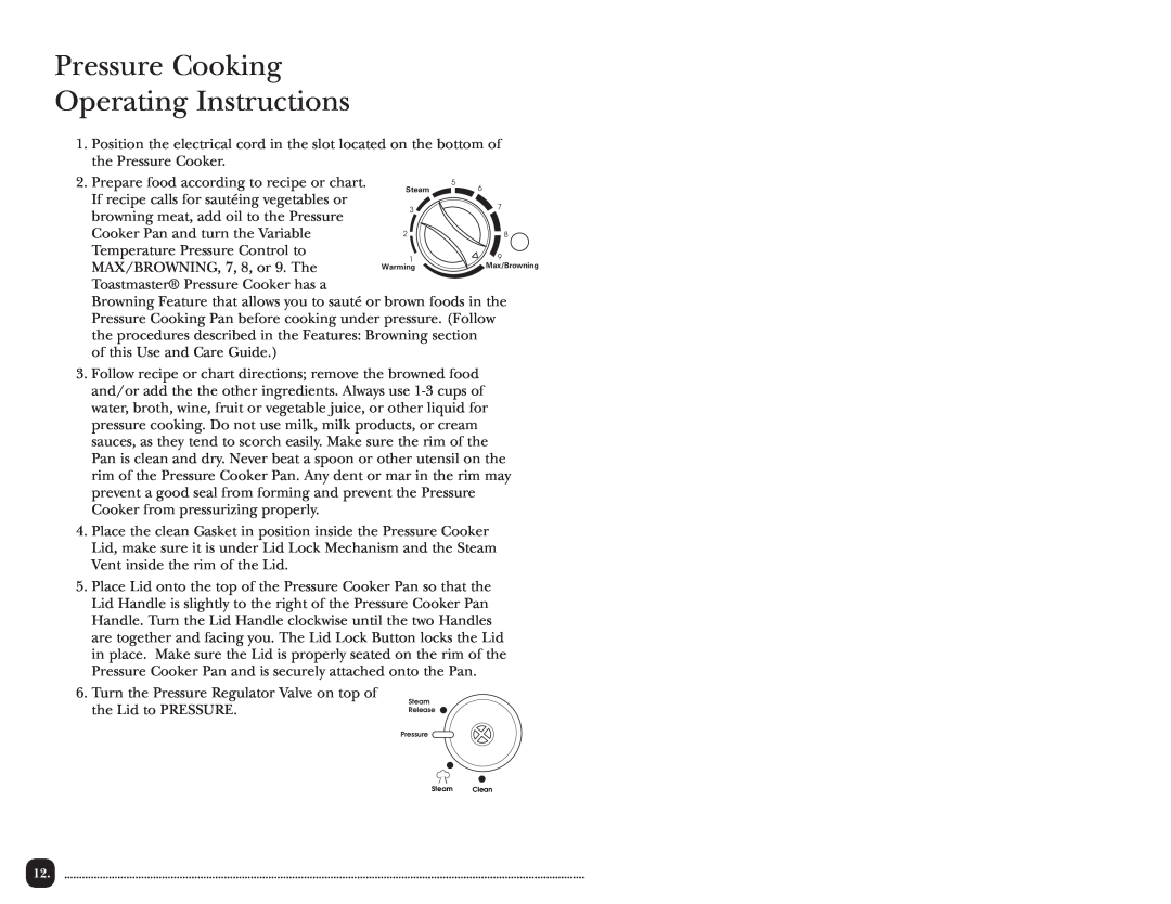 Toastmaster TPC4000 manual Pressure Cooking Operating Instructions 