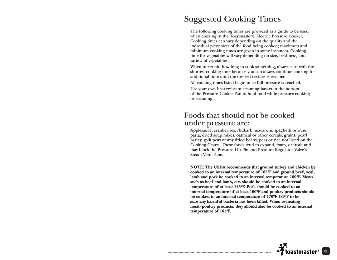 Toastmaster TPC4000 manual Suggested Cooking Times, Foods that should not be cooked under pressure are 