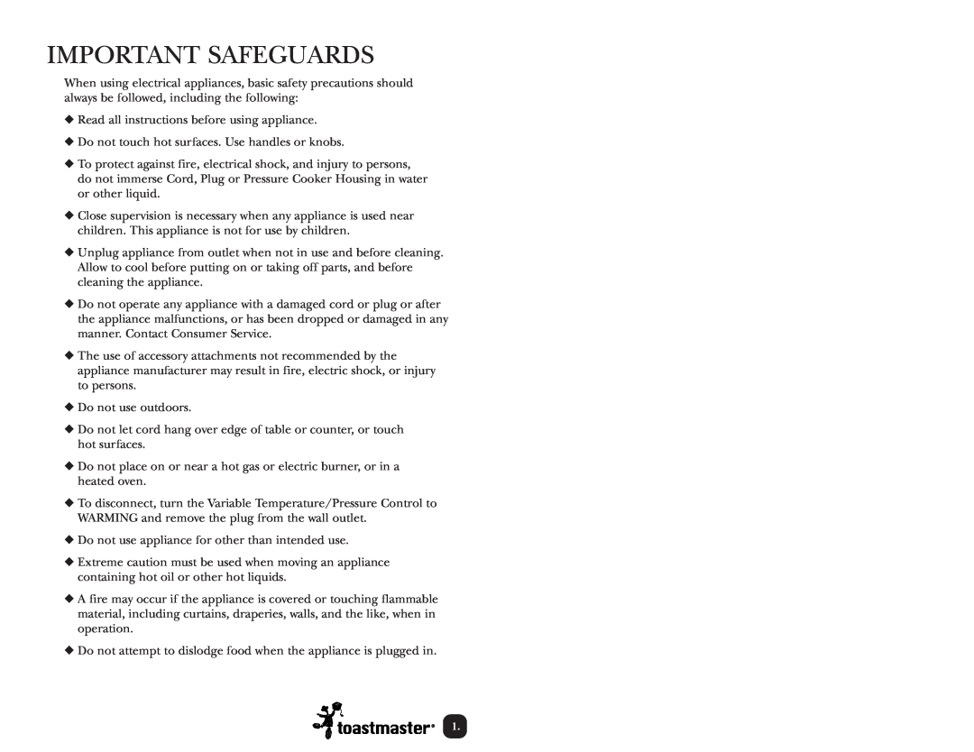 Toastmaster TPC4000 manual Important Safeguards 
