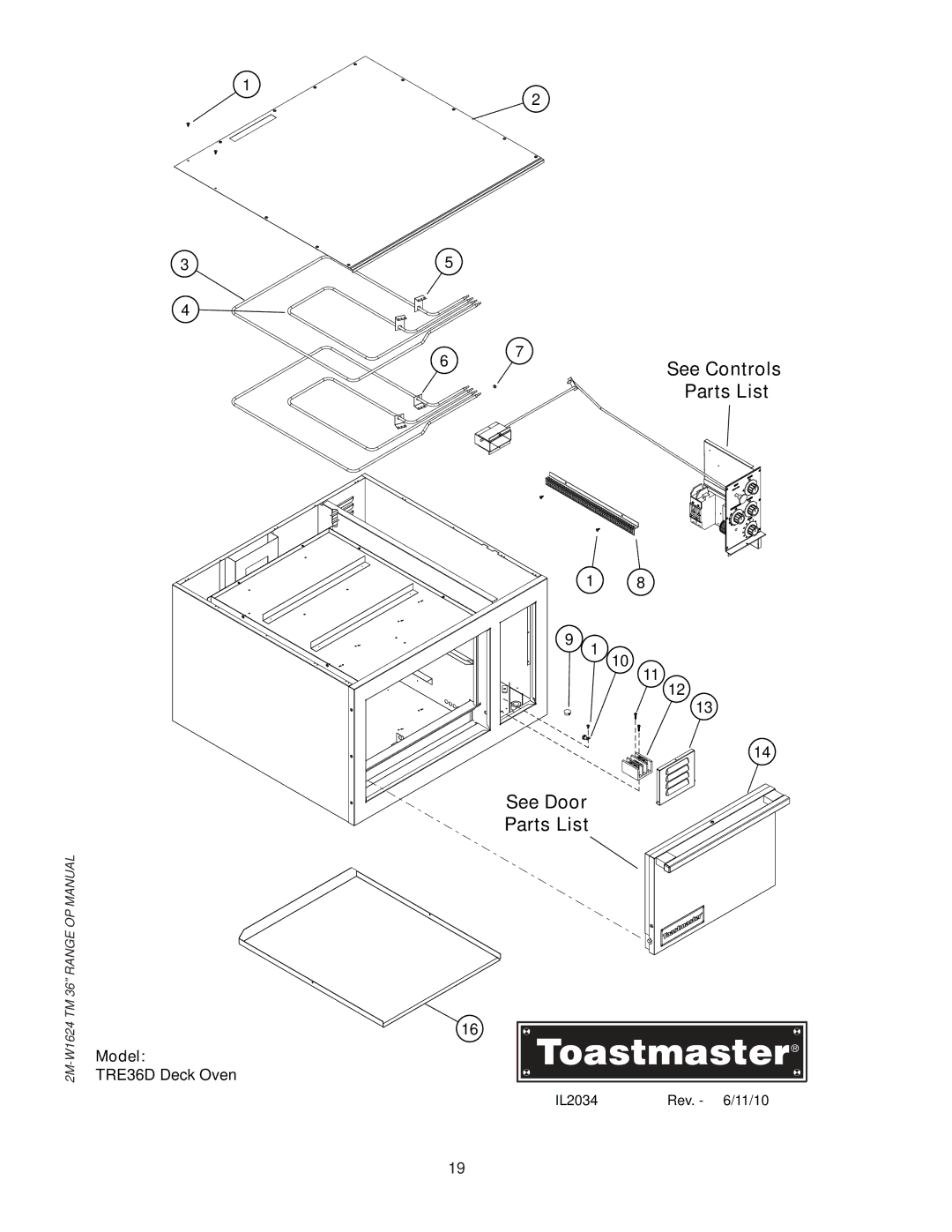 Toastmaster TRE36C, TRE36D manual See Door Parts List, Model 