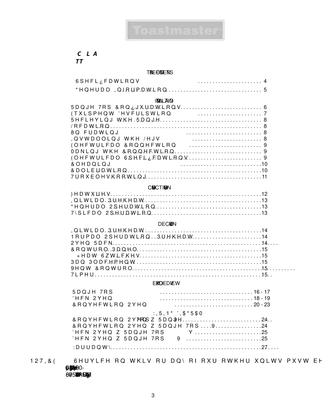 Toastmaster TRE36C, TRE36D manual Table of Contents 