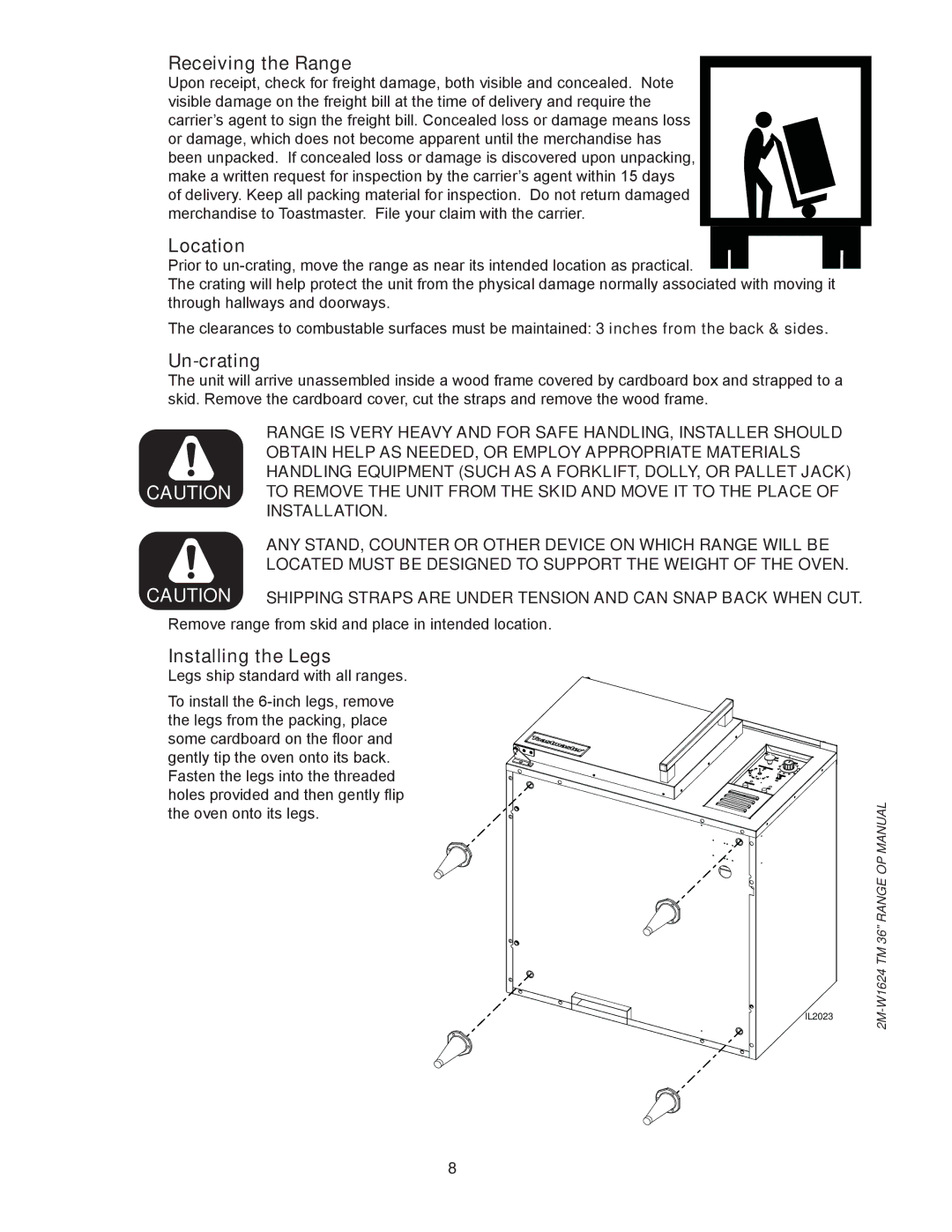 Toastmaster TRE36D, TRE36C manual Receiving the Range, Location, Un-crating, Installing the Legs 