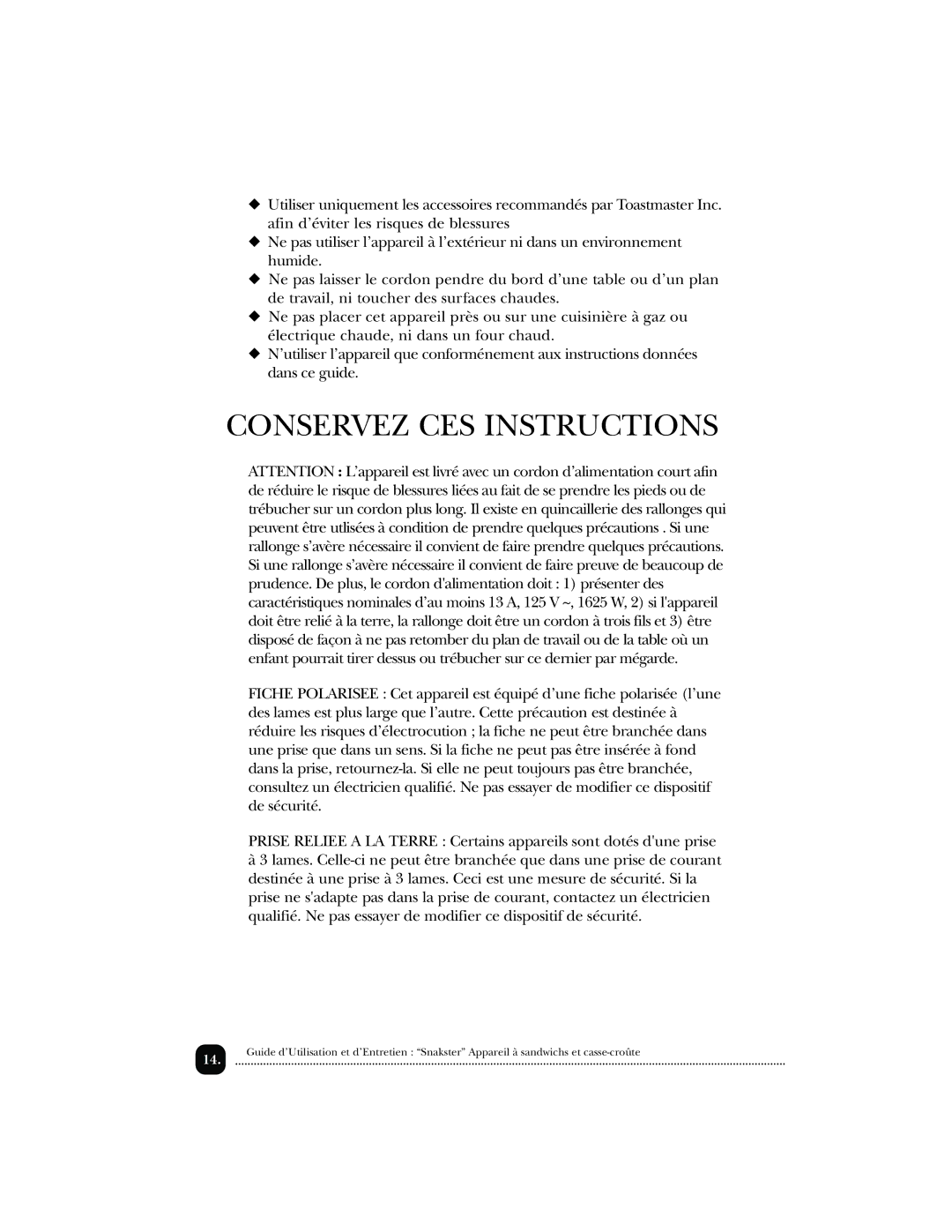 Toastmaster 289MEX, TSM2, 288K, 378589, 288MEX manual Conservez CES Instructions 