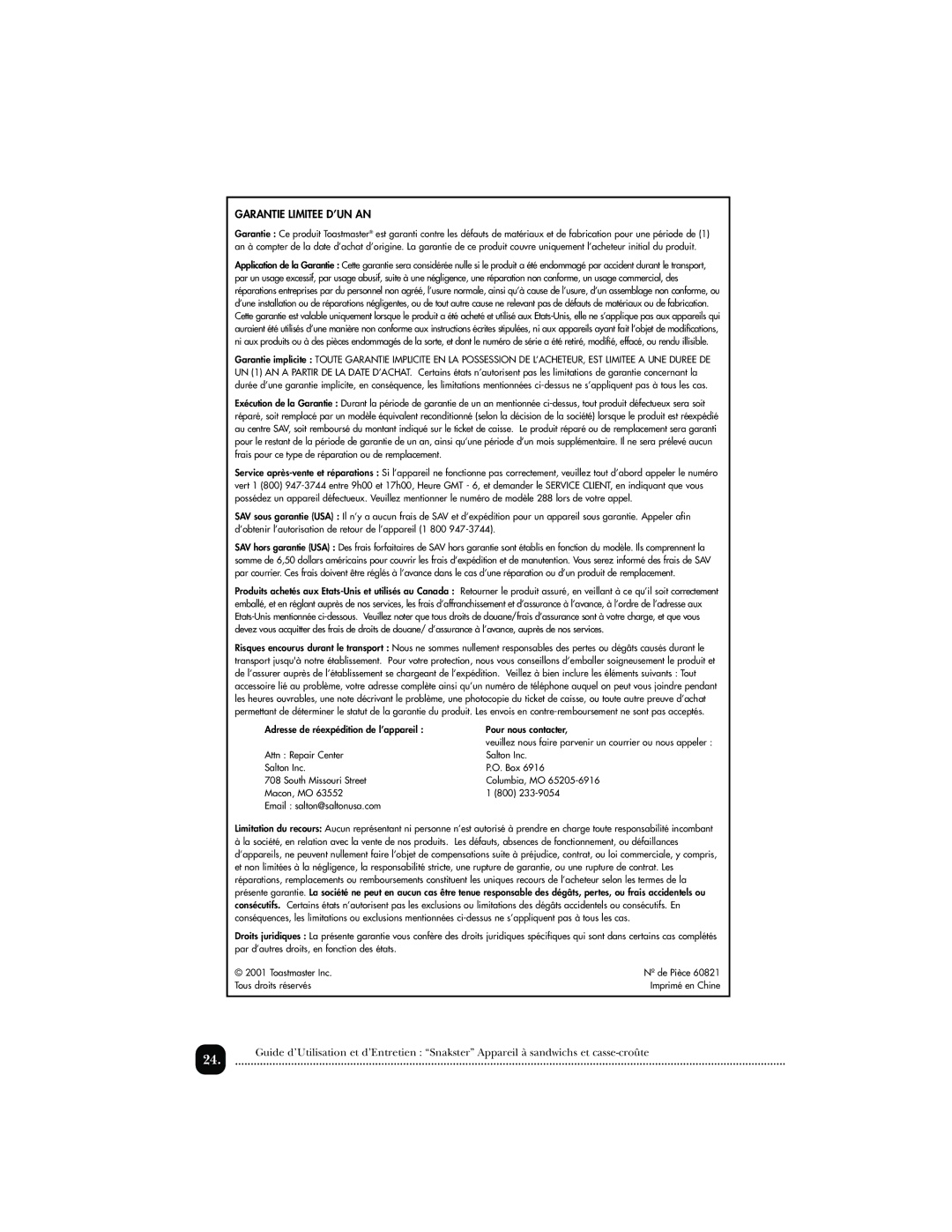 Toastmaster 378589, TSM2, 289MEX, 288K, 288MEX manual Garantie Limitee D’UN AN 