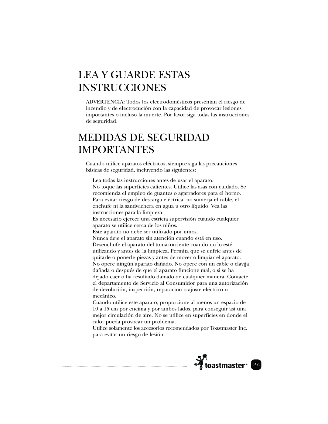 Toastmaster TSM2, 289MEX, 288K, 378589, 288MEX manual LEA Y Guarde Estas Instrucciones 