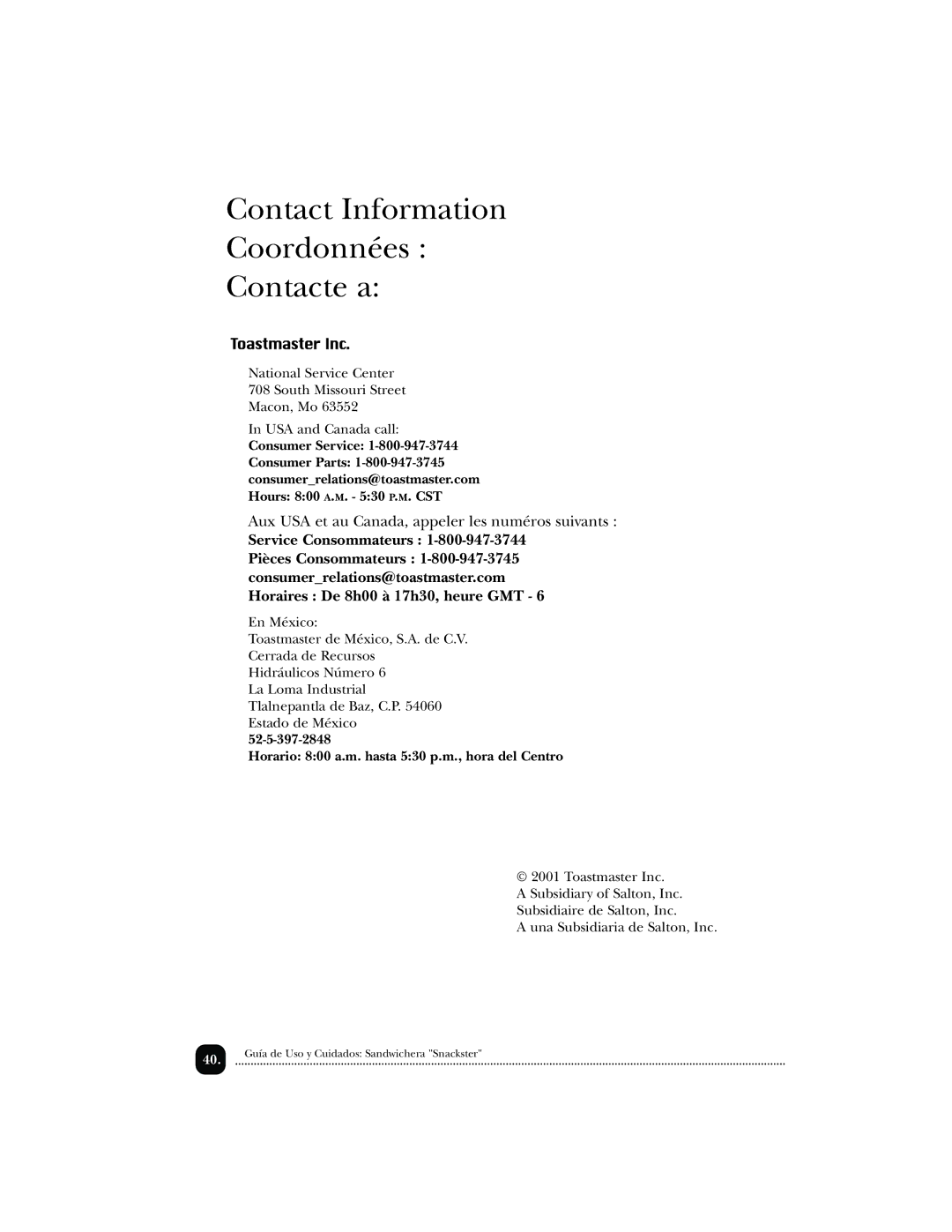 Toastmaster 288MEX, TSM2, 289MEX, 288K, 378589 manual Contact Information Coordonnées Contacte a, Service Consommateurs 